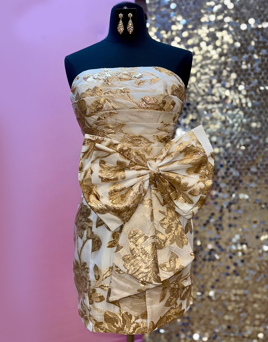 Gold Ruched Tight Strapless Short Homecoming Dress with Bow