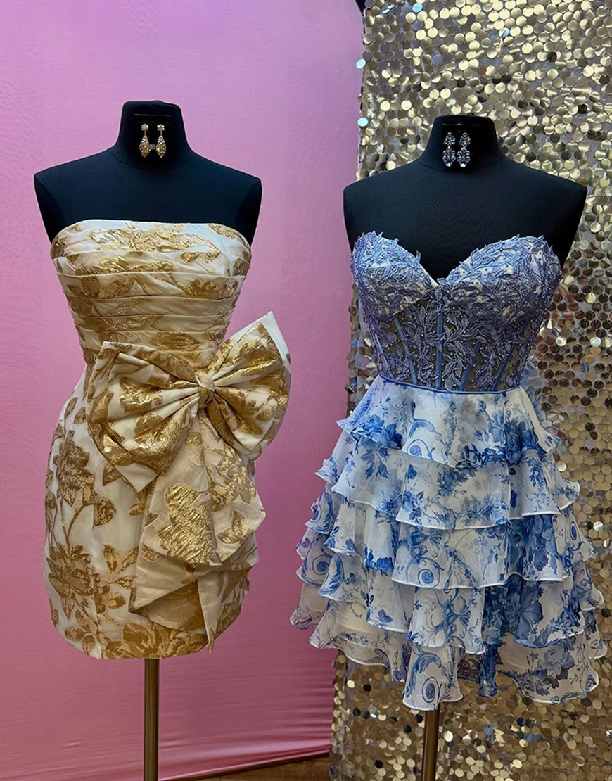 Gold Ruched Tight Strapless Short Homecoming Dress with Bow