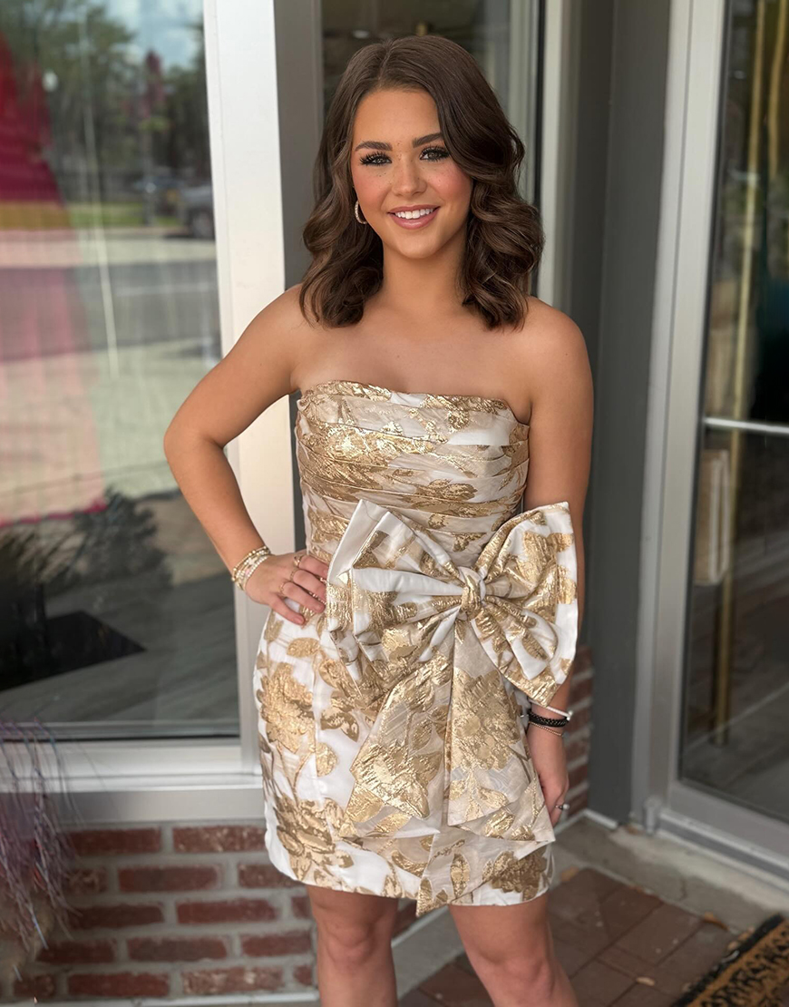 Gold Ruched Tight Strapless Short Homecoming Dress with Bow