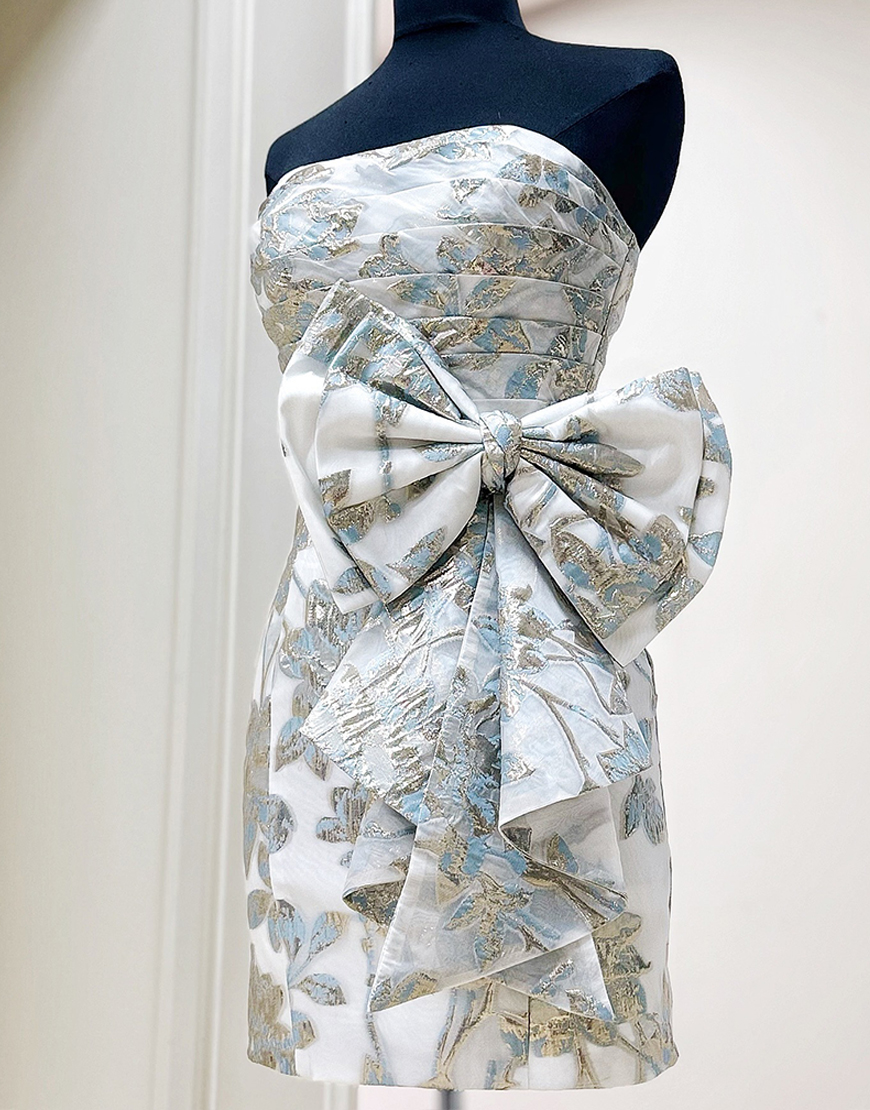 Gold Ruched Tight Strapless Short Homecoming Dress with Bow