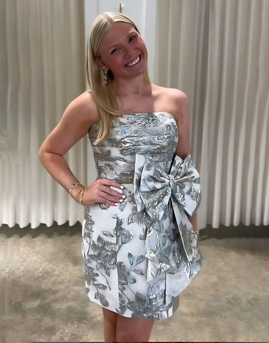 Gold Ruched Tight Strapless Short Homecoming Dress with Bow