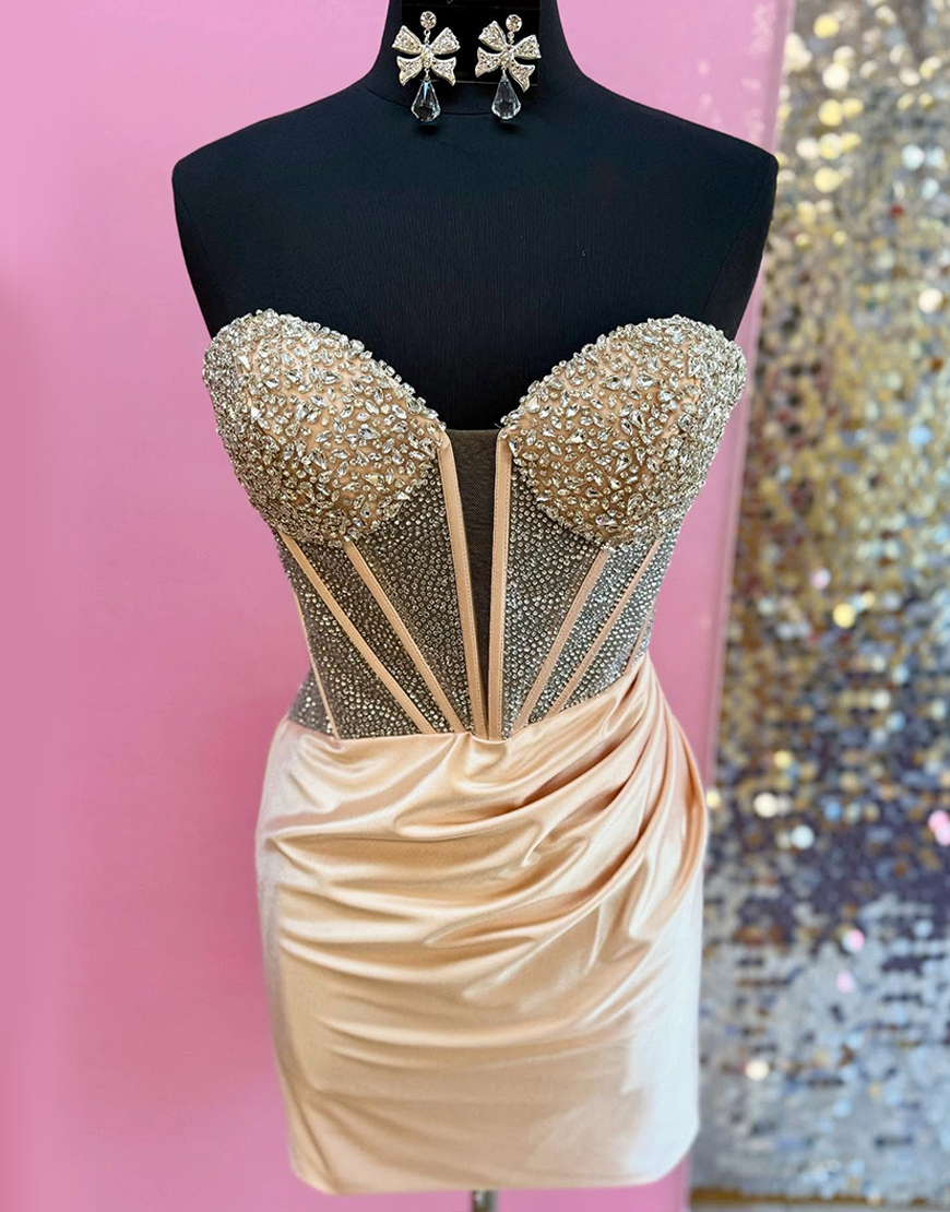 Sparkly Gold Tight Corset Short Satin Homecoming Dress with Beading