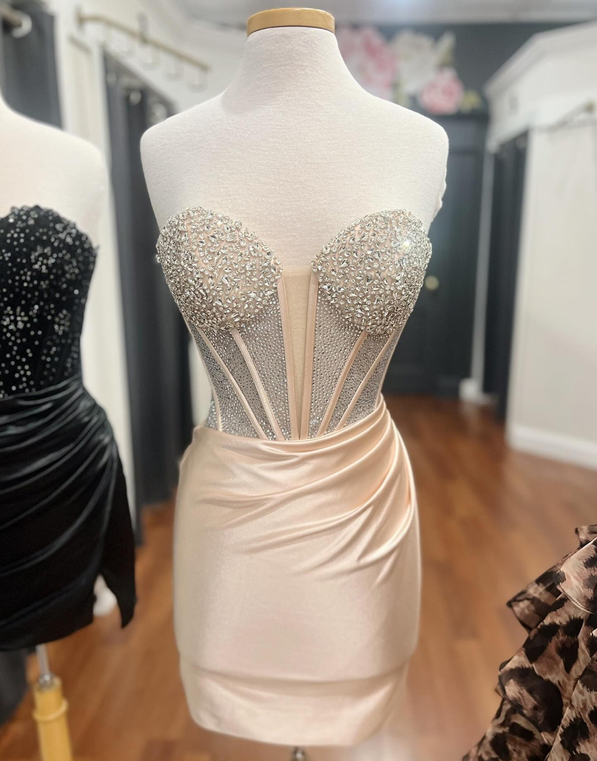 Sparkly Gold Tight Corset Short Satin Homecoming Dress with Beading