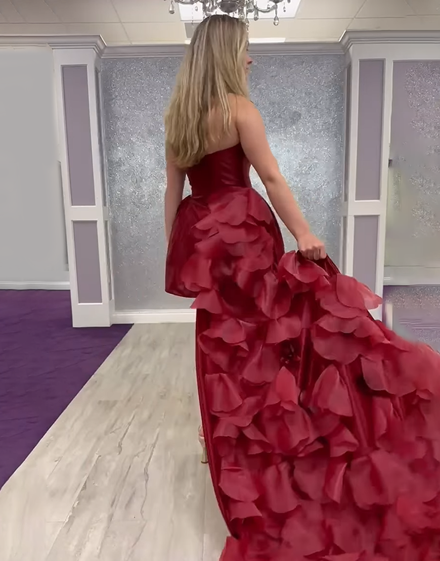 Burgundy Floral Satin A Line Detachable Short Homecoming Dress with Ruffles