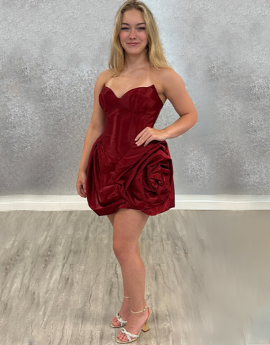 Burgundy Floral Satin A Line Detachable Short Homecoming Dress with Ruffles