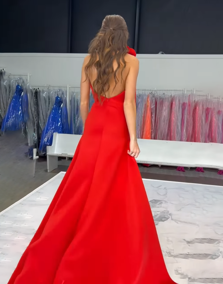 Red Tight High-Low Satin Homecoming Dress with 3D Flower