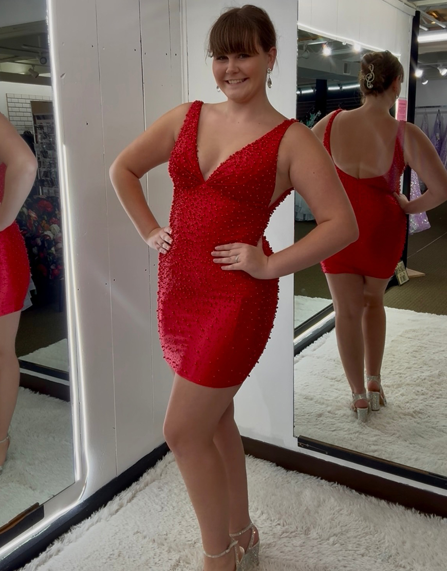 Sparkly Pink V Neck Short Homecoming Dress with Beading