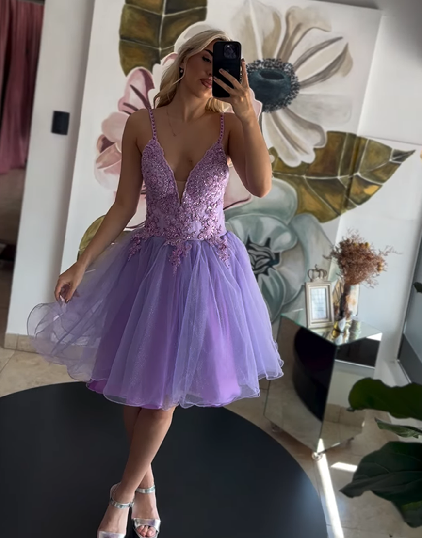 Sparkly Lilac Tulle A Line Short Homecoming Dress with Appliques