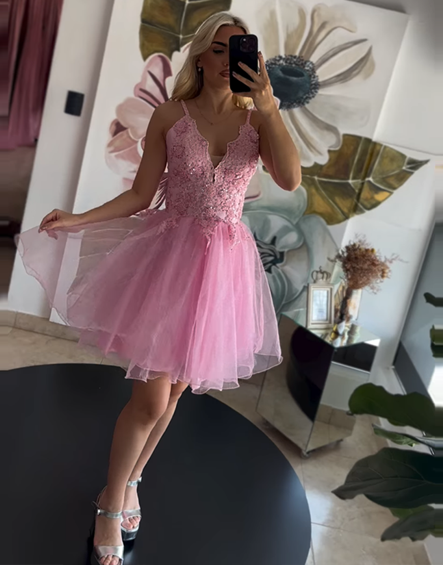 Sparkly Lilac Tulle A Line Short Homecoming Dress with Appliques