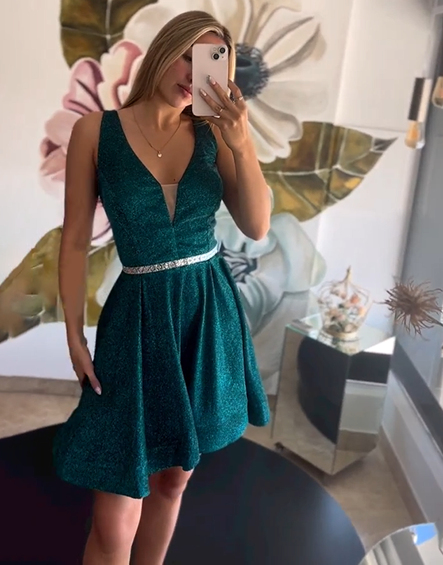 Sparkly Navy A Line V-Neck Short Homecoming Dress