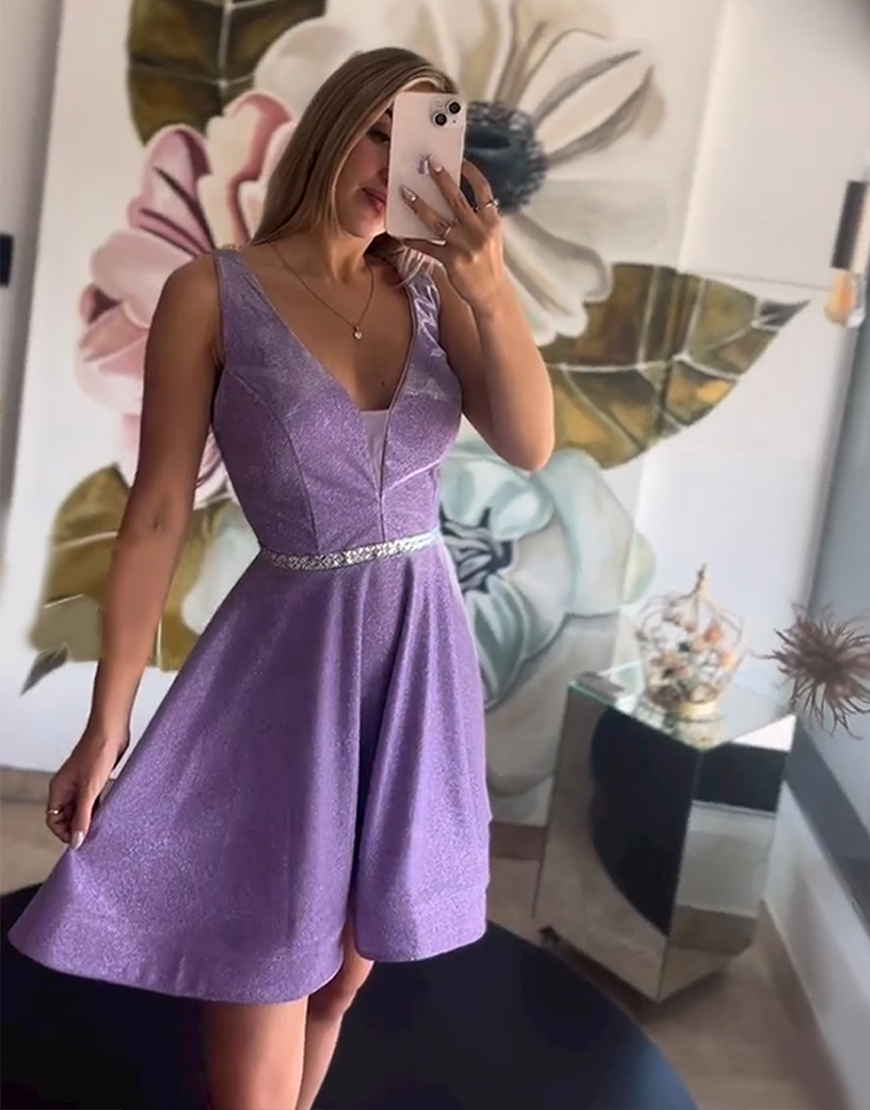 Sparkly Navy A Line V-Neck Short Homecoming Dress