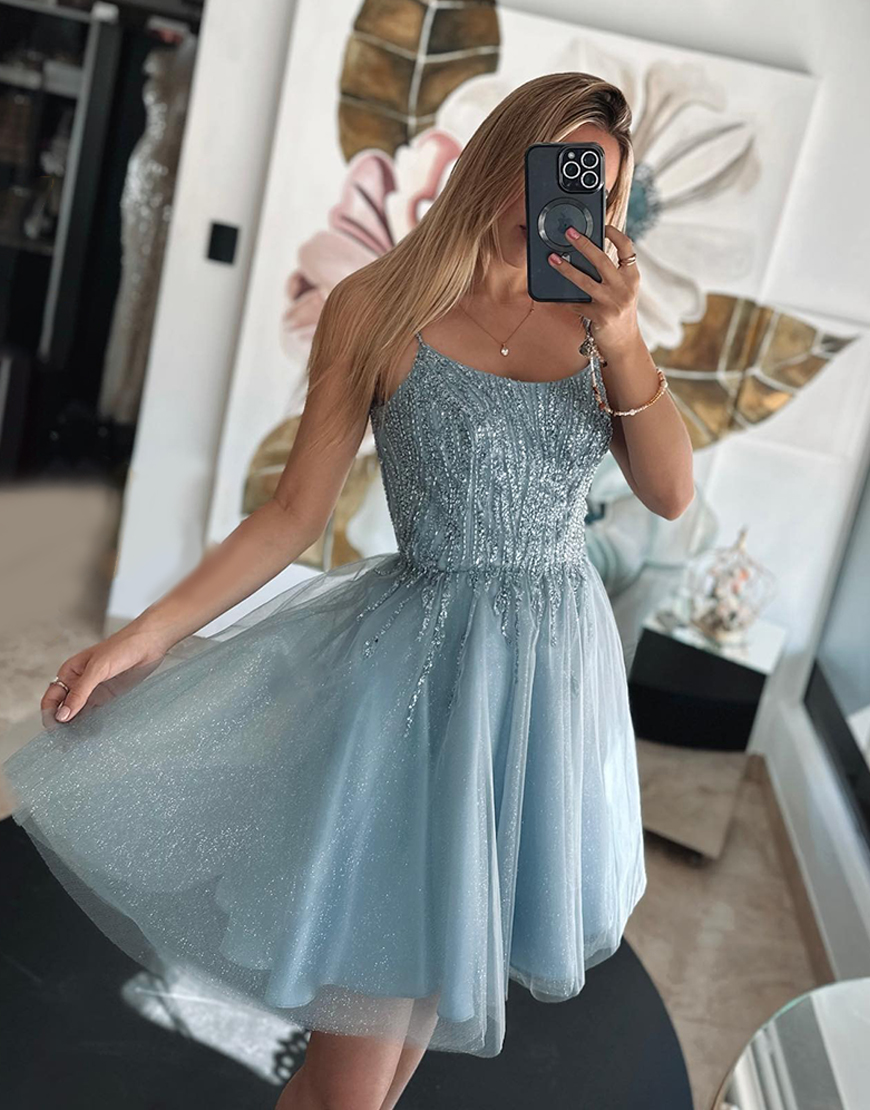 Sparkly Light Green A Line Tulle Short Homecoming Dress with Sequins