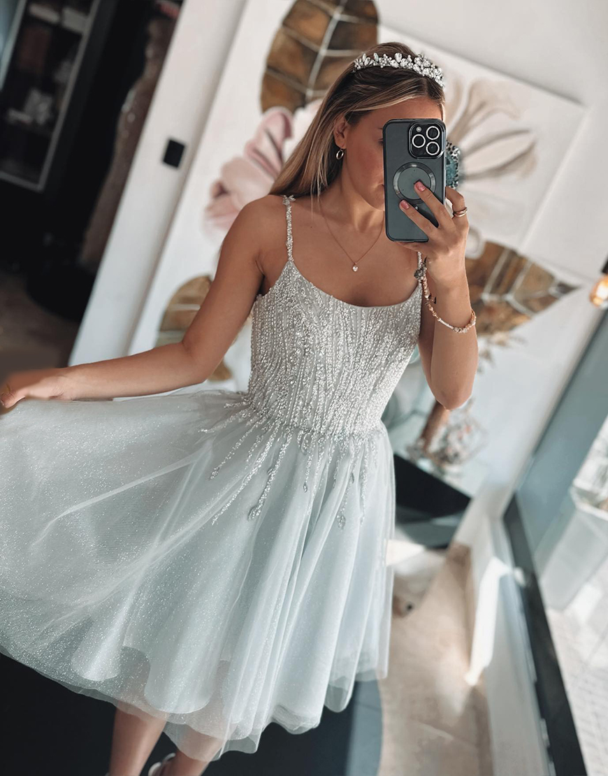 Sparkly Light Green A Line Tulle Short Homecoming Dress with Sequins