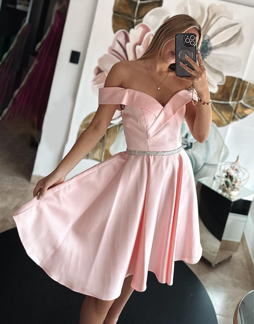 Sparkly Pink Off The Shoulder A Line Short Homecoming Dress