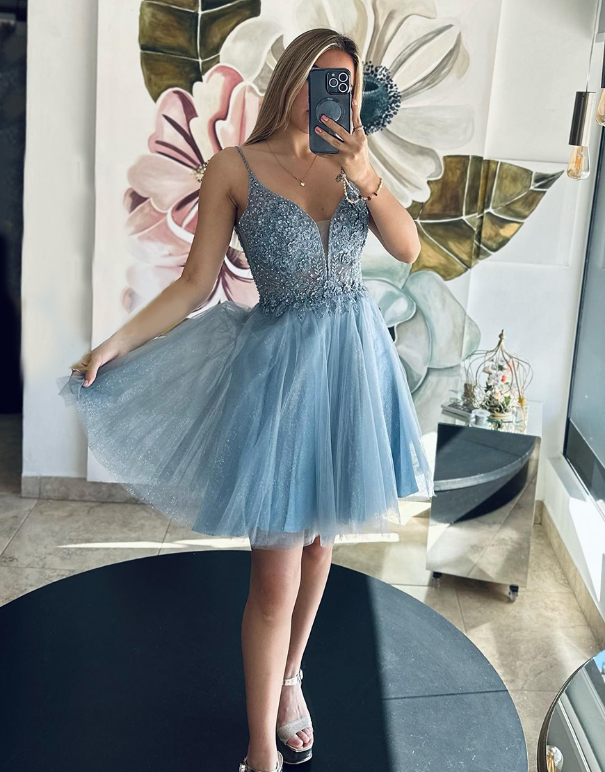 Glitter Grey Blue A Line Tulle Short Homecoming Dress with Appliques
