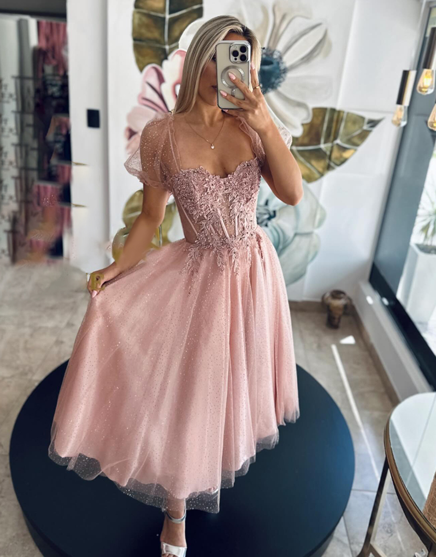 Glitter Blush Tulle Corset A Line Cocktail Dress with Lace
