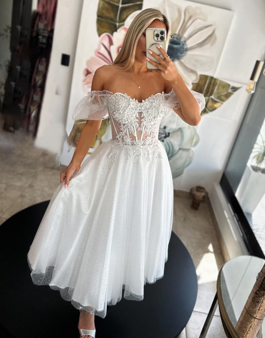 Glitter Blush Tulle Corset A Line Cocktail Dress with Lace