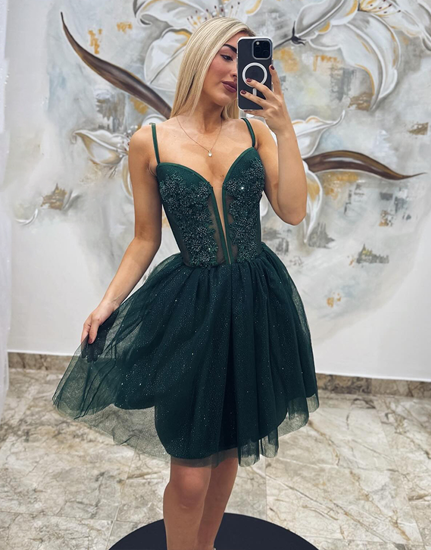 Sparkly Pink Tulle Corset A Line Short Homecoming Dress with Appliques