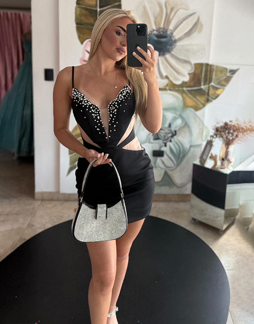 Sparkly Black Tight Satin Short Homecoming Dress with Beading