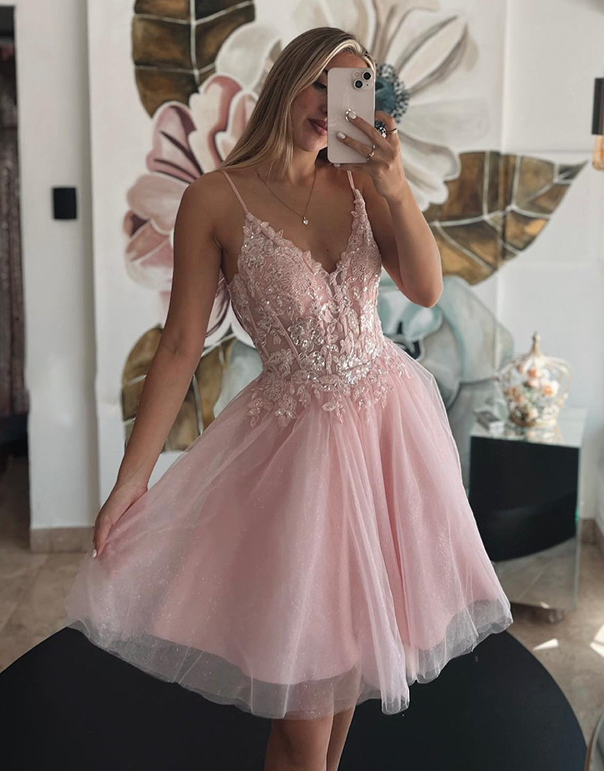 Sparkly Pink A Line Corset Tulle Short Homecoming Dress with Lace