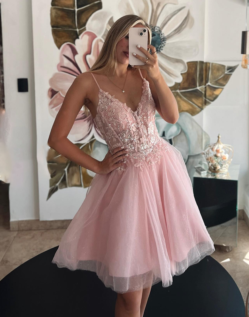 Sparkly Pink A Line Corset Tulle Short Homecoming Dress with Lace