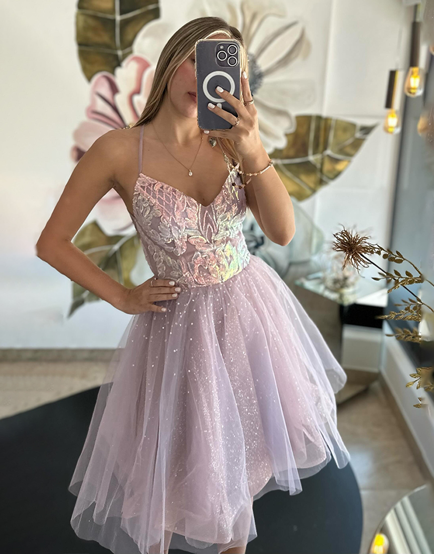 Glitter Grey Purple Tulle Short Homecoming Dress with Sequins
