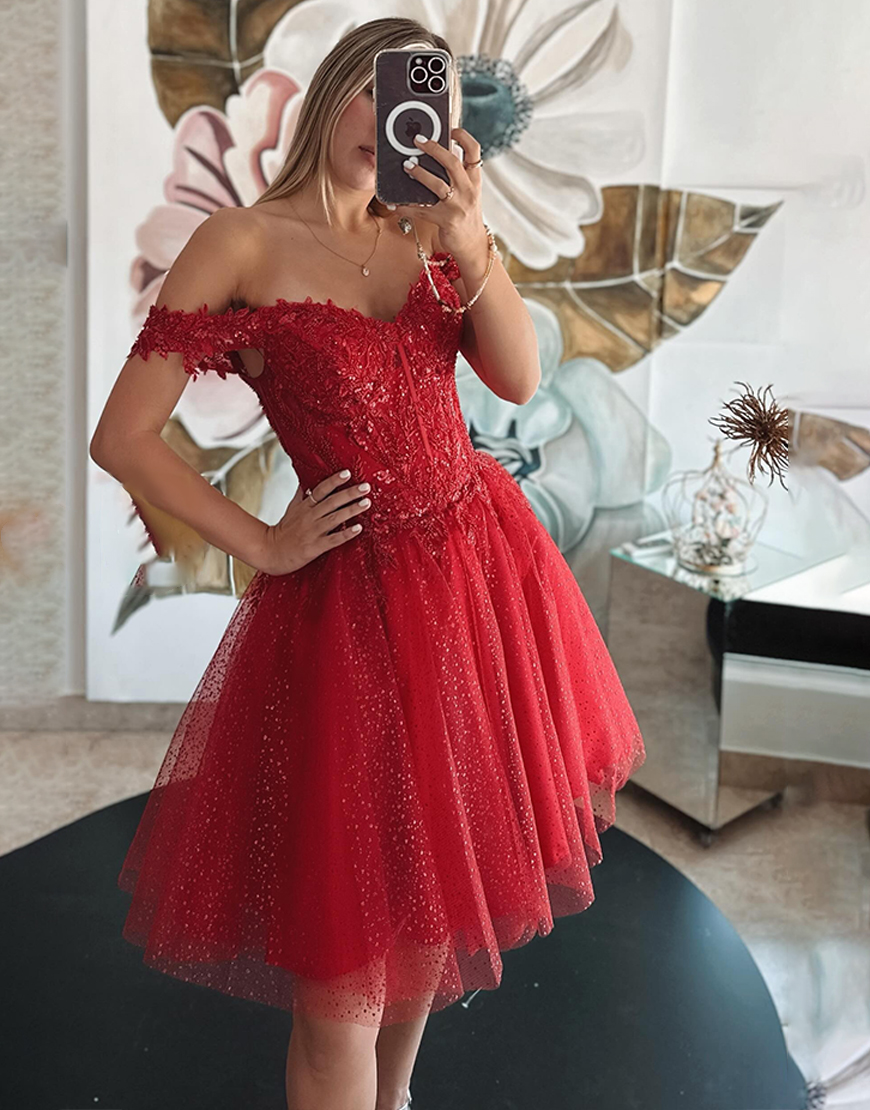 Sparkly Red Tulle Corset Short Homecoming Dress with Appliques
