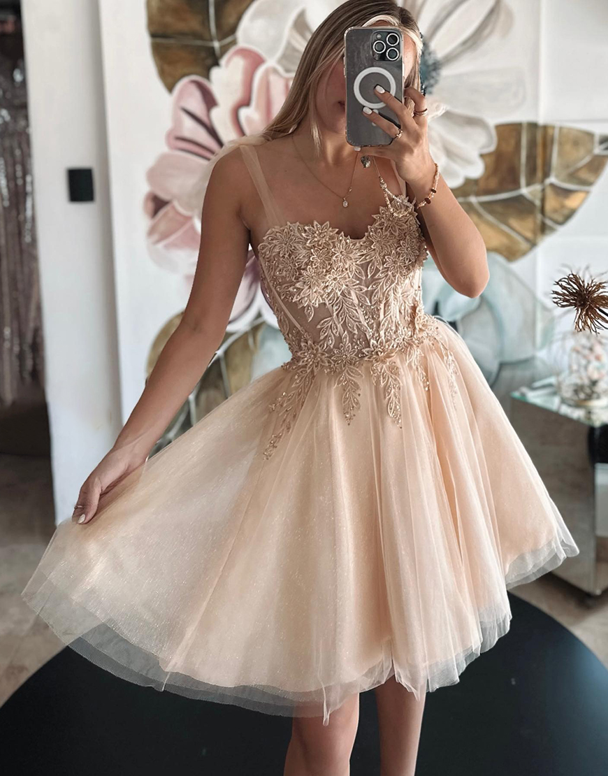 Glitter Champagne Tulle A Line Short Homecoming Dress with Appliques
