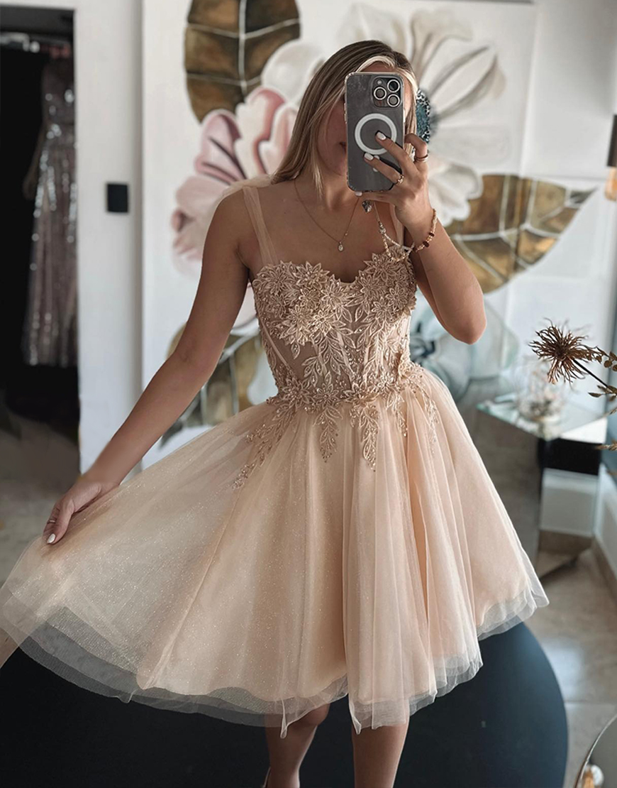 Glitter Champagne Tulle A Line Short Homecoming Dress with Appliques
