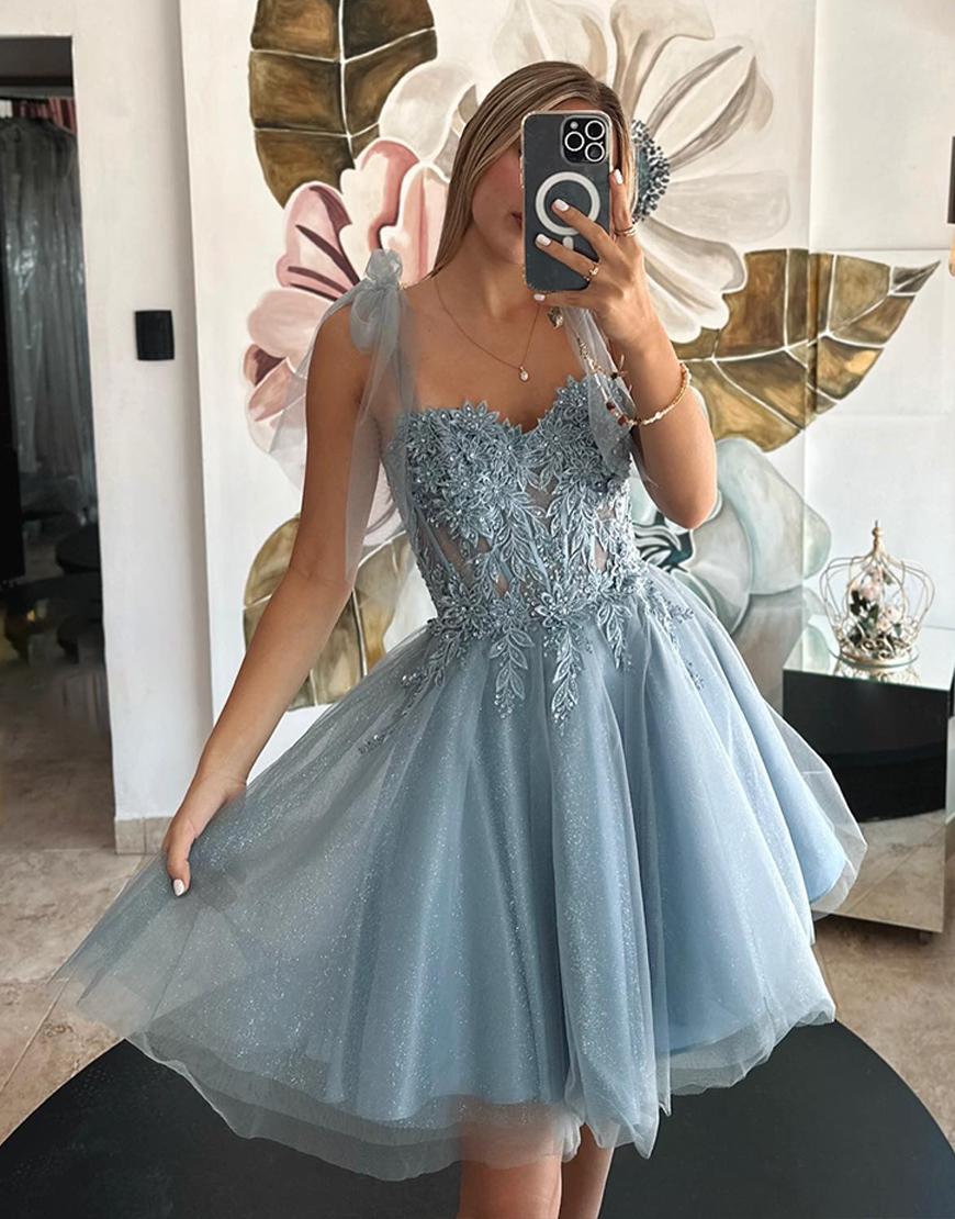 Glitter Champagne Tulle A Line Short Homecoming Dress with Appliques