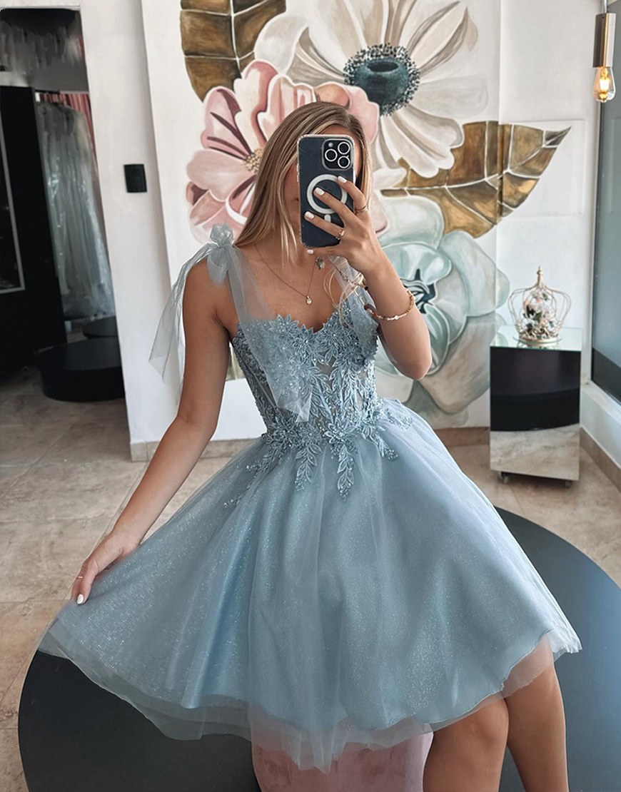 Glitter Champagne Tulle A Line Short Homecoming Dress with Appliques