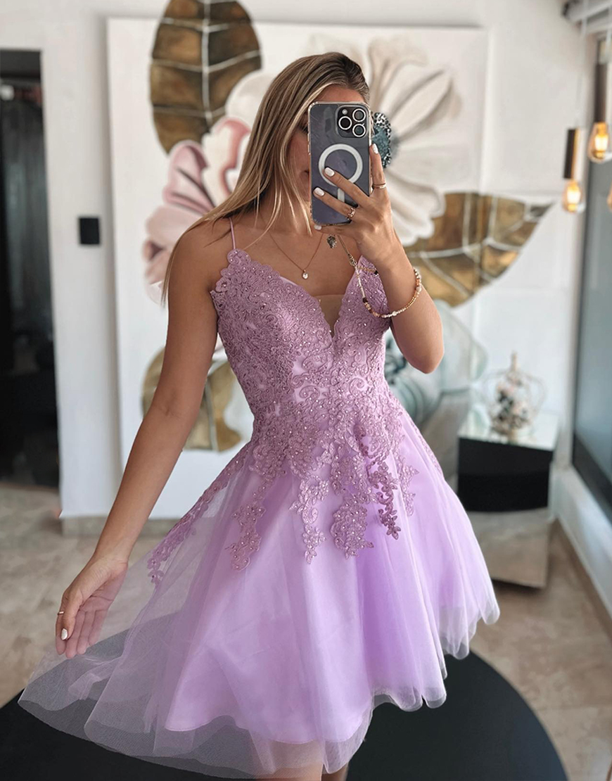 Lilac A Line Short Tulle Homecoming Dress with Lace