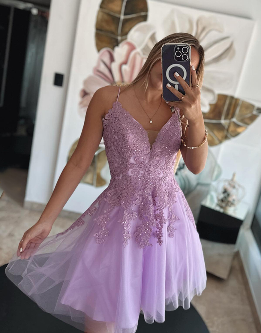Lilac A Line Short Tulle Homecoming Dress with Lace