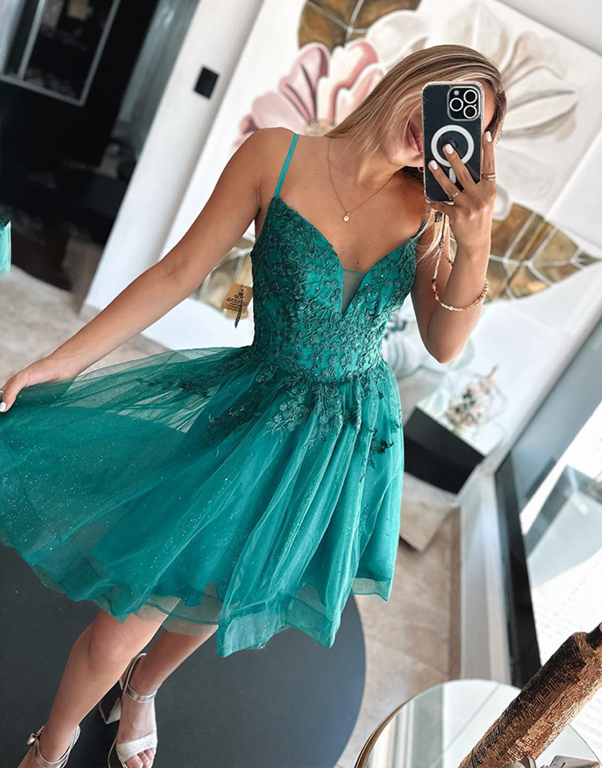 Green Floral Tulle A Line Short Homecoming Dress with Appliques