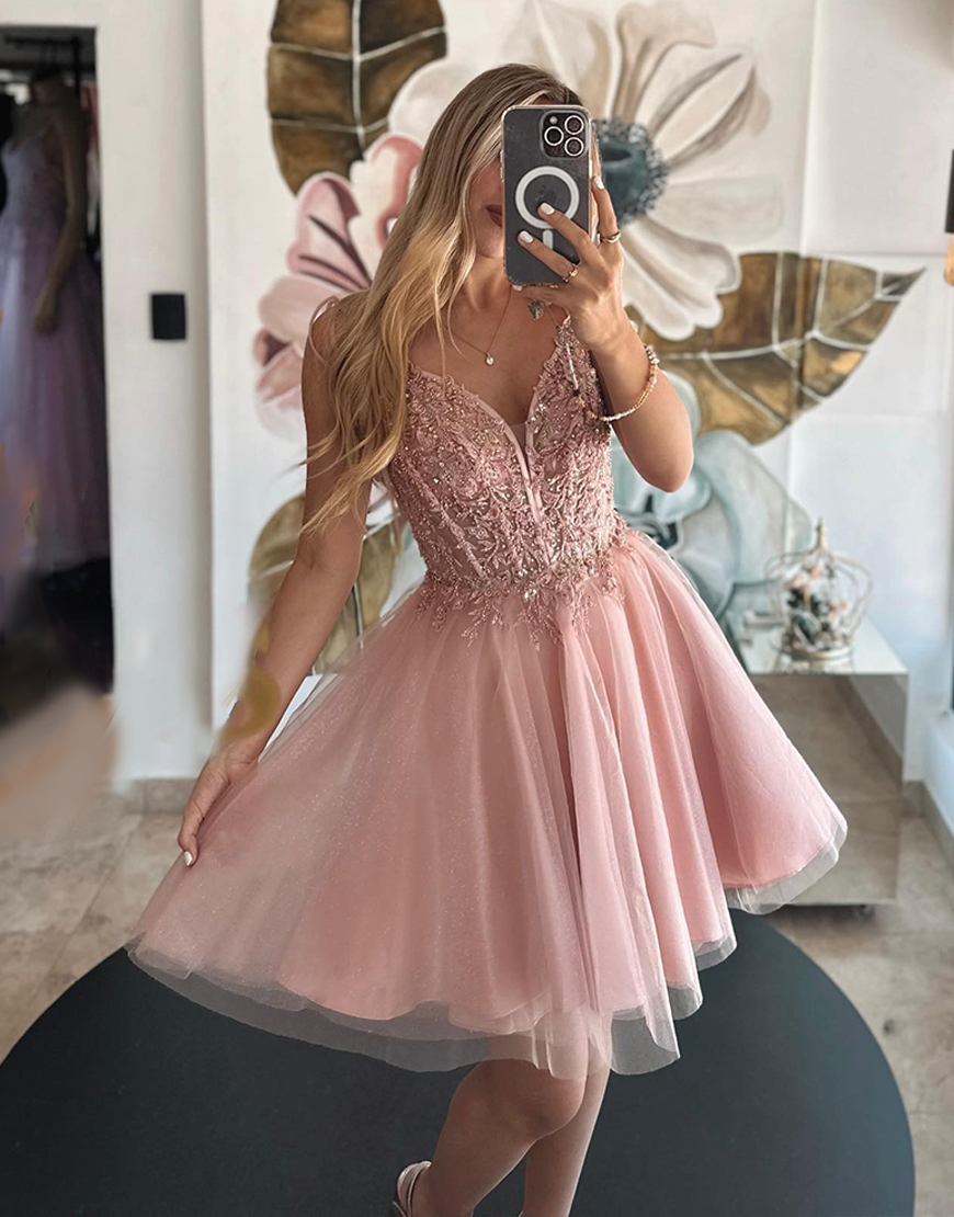 Sparkly Blush Corset A Line Short Tulle Homecoming Dress with Appliques