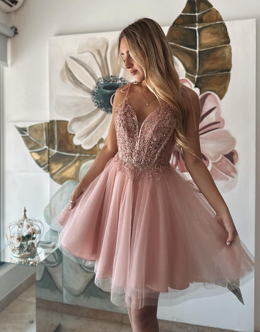 Sparkly Blush Corset A Line Short Tulle Homecoming Dress with Appliques