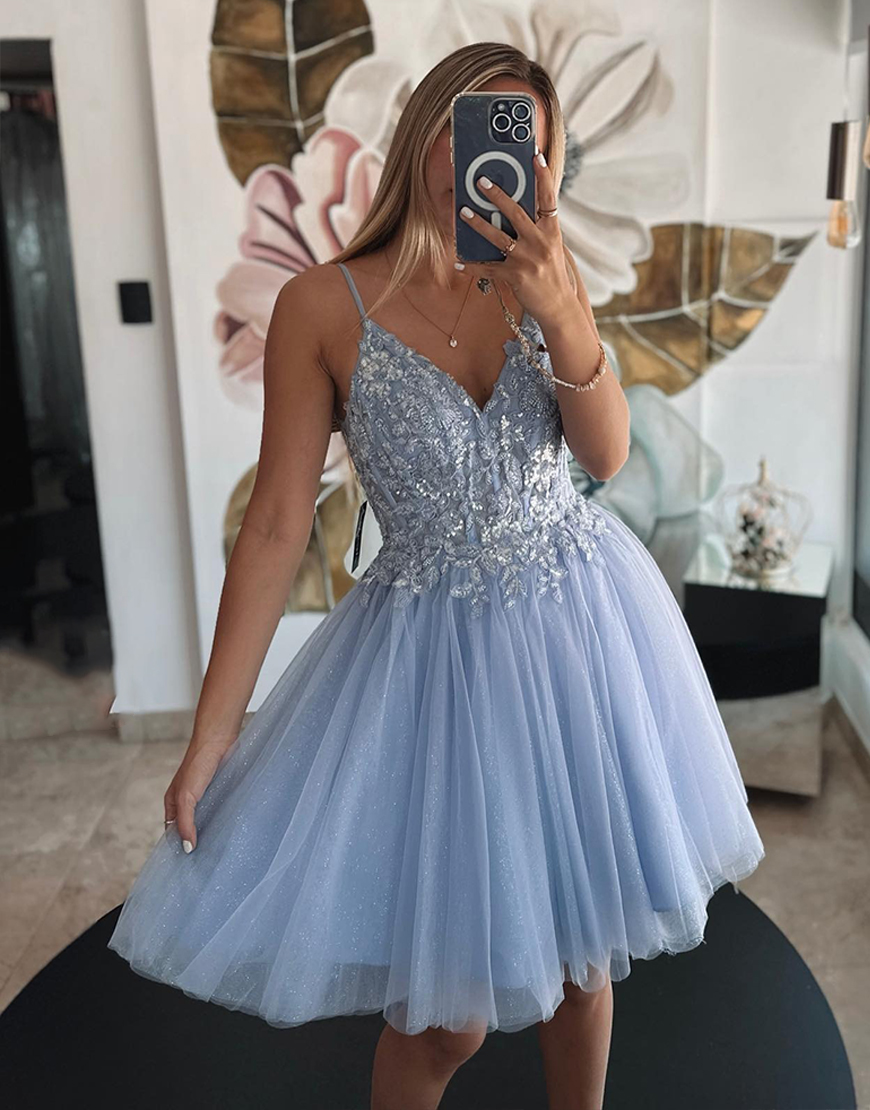 Sparkly Grey Blue A Line Short Tulle Homecoming Dress with Lace