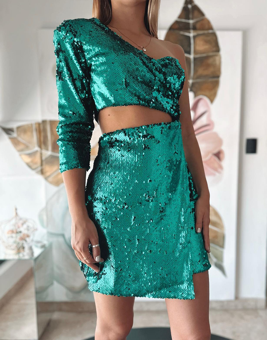 Sparkly Silver Sequins Tight One Sleeve Short Homecoming Dress