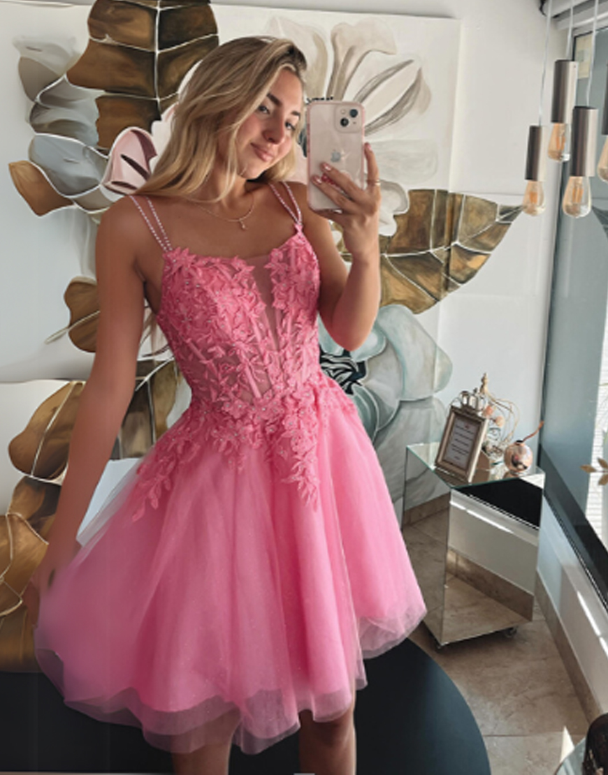 Sparkly Pink A Line Tulle Short Corset Homecoming Dress with Appliques