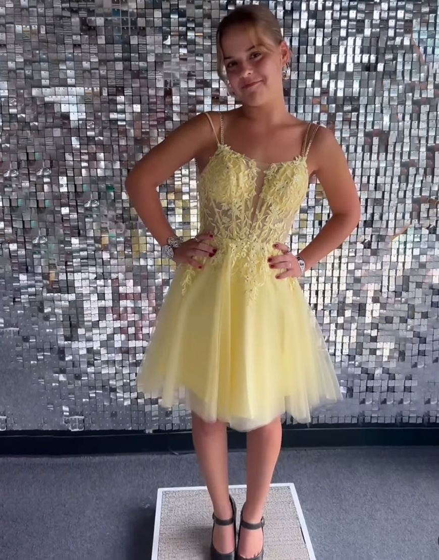 Sparkly Pink A Line Tulle Short Corset Homecoming Dress with Appliques