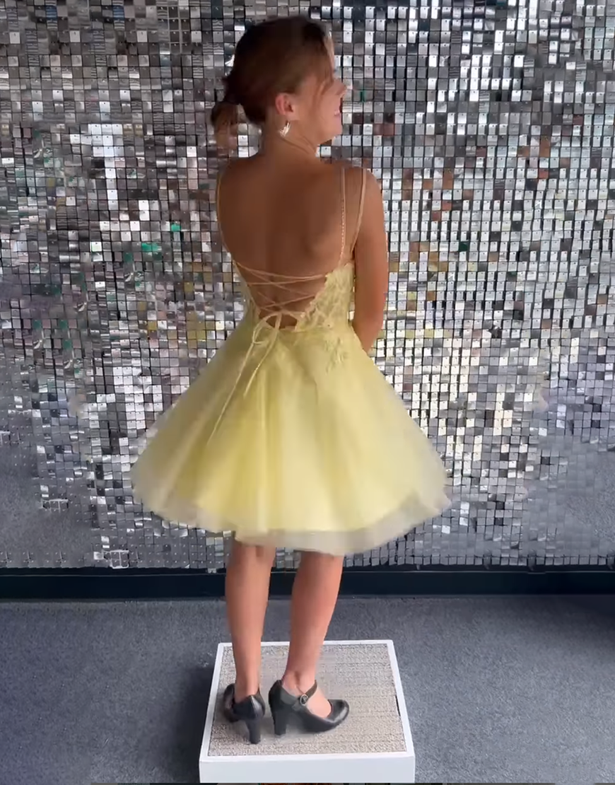 Sparkly Pink A Line Tulle Short Corset Homecoming Dress with Appliques