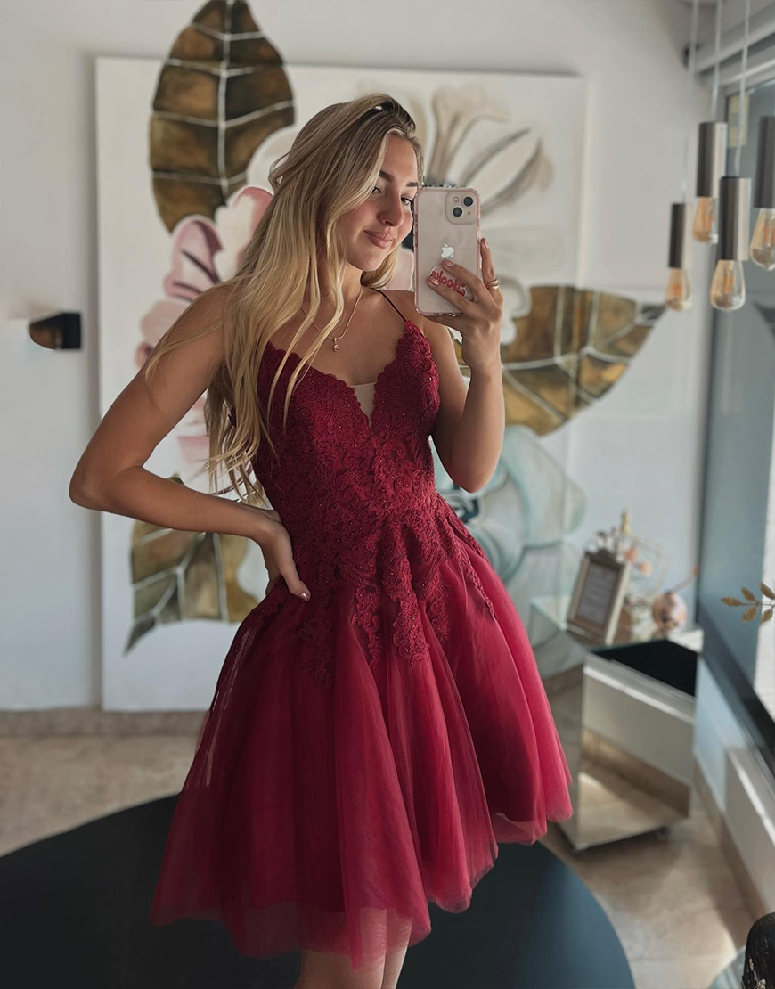 Burgundy Tulle A Line Short Halter Homecoming Dress with Lace
