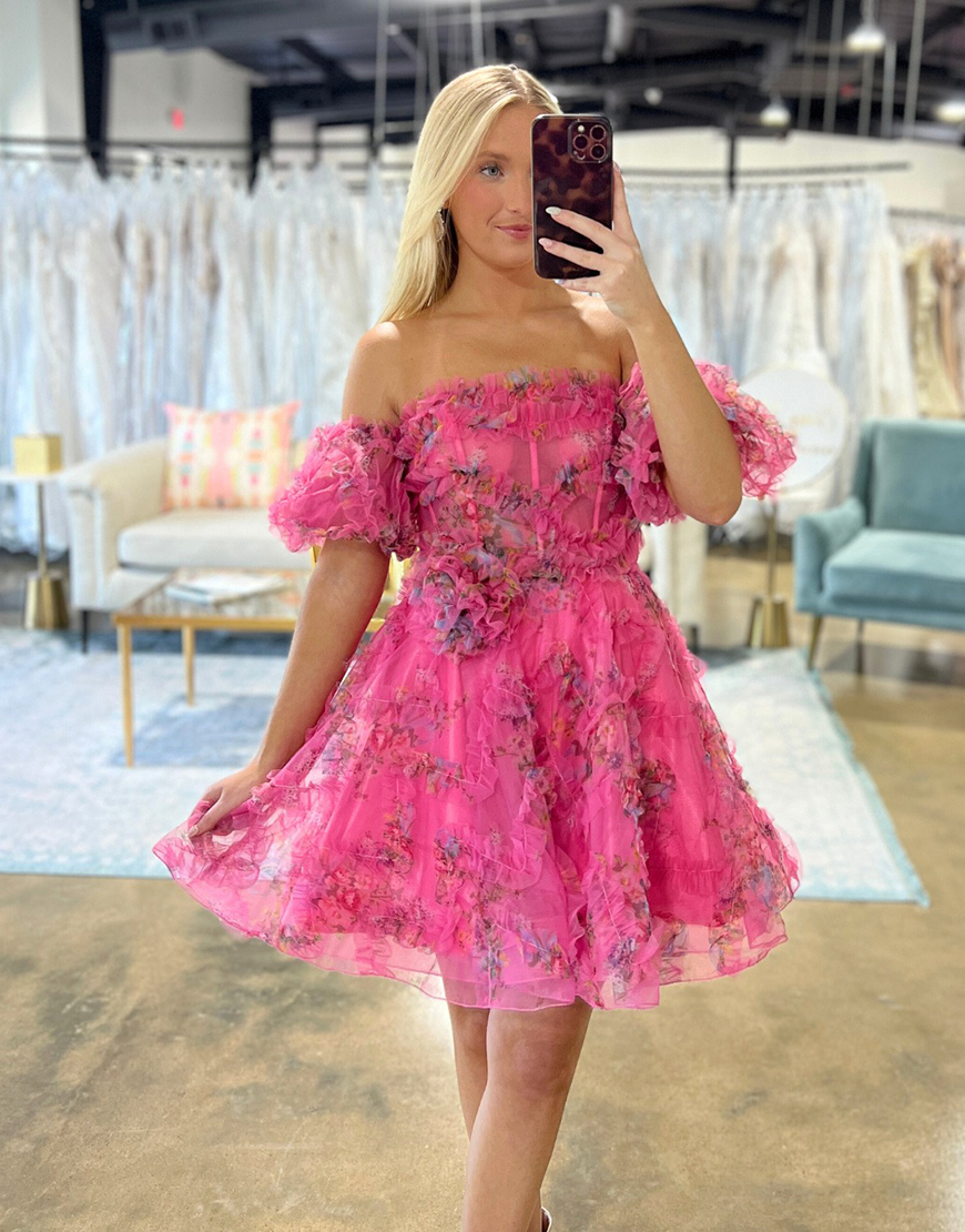 Pink Floral Off the Shoulder Short Corset Homecoming Dress with Ruffles
