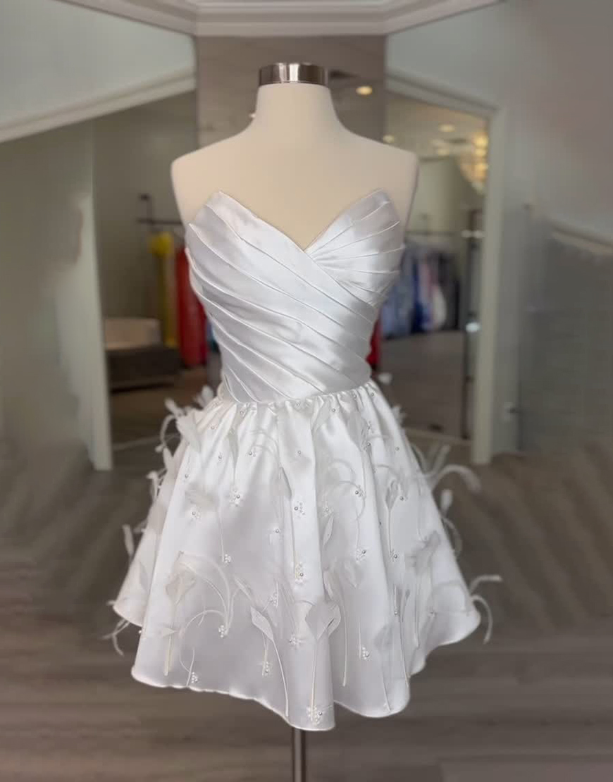 White Satin A Line Short Homecoming Dress with Feathers