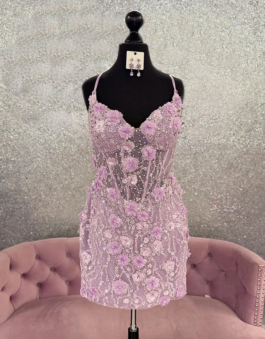 Sparkly Lilac Floral Short Corset Homecoming Dress with Beading