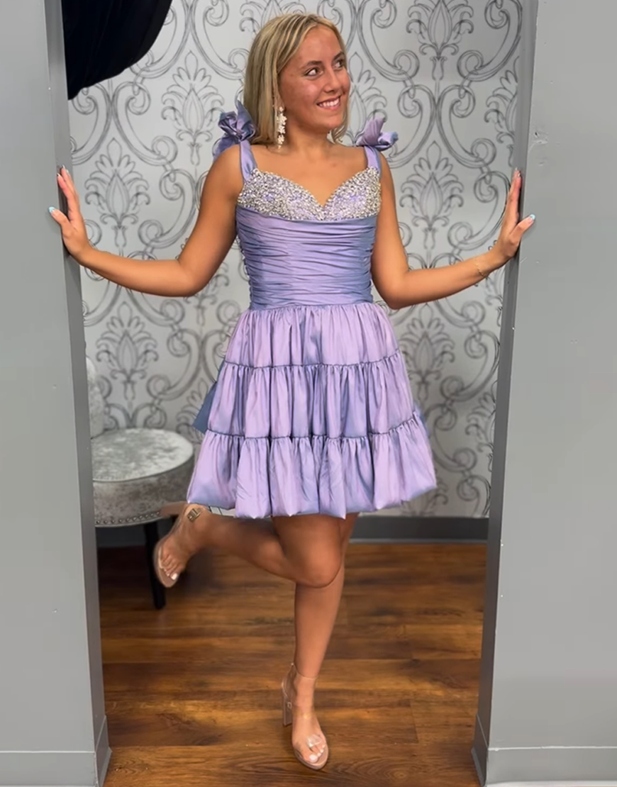 Sparkly Lilac Short Satin Homecoming Dress with Beading