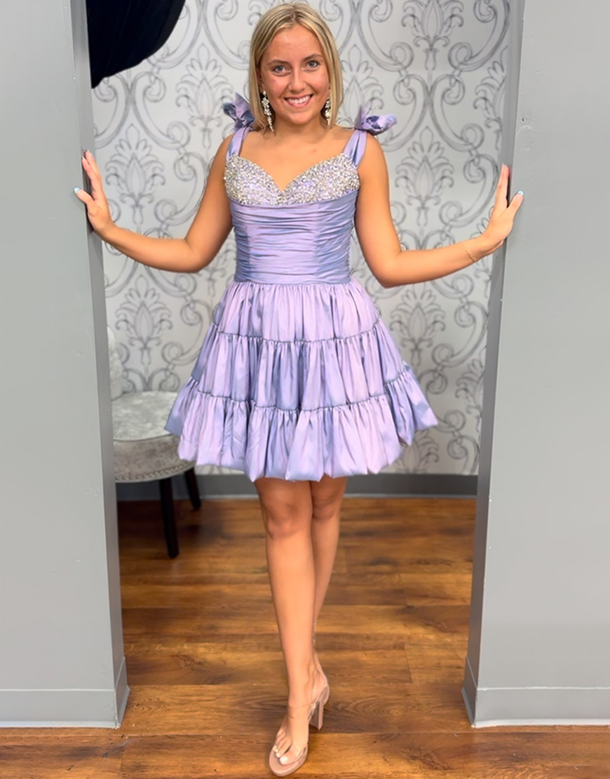 Sparkly Lilac Short Satin Homecoming Dress with Beading