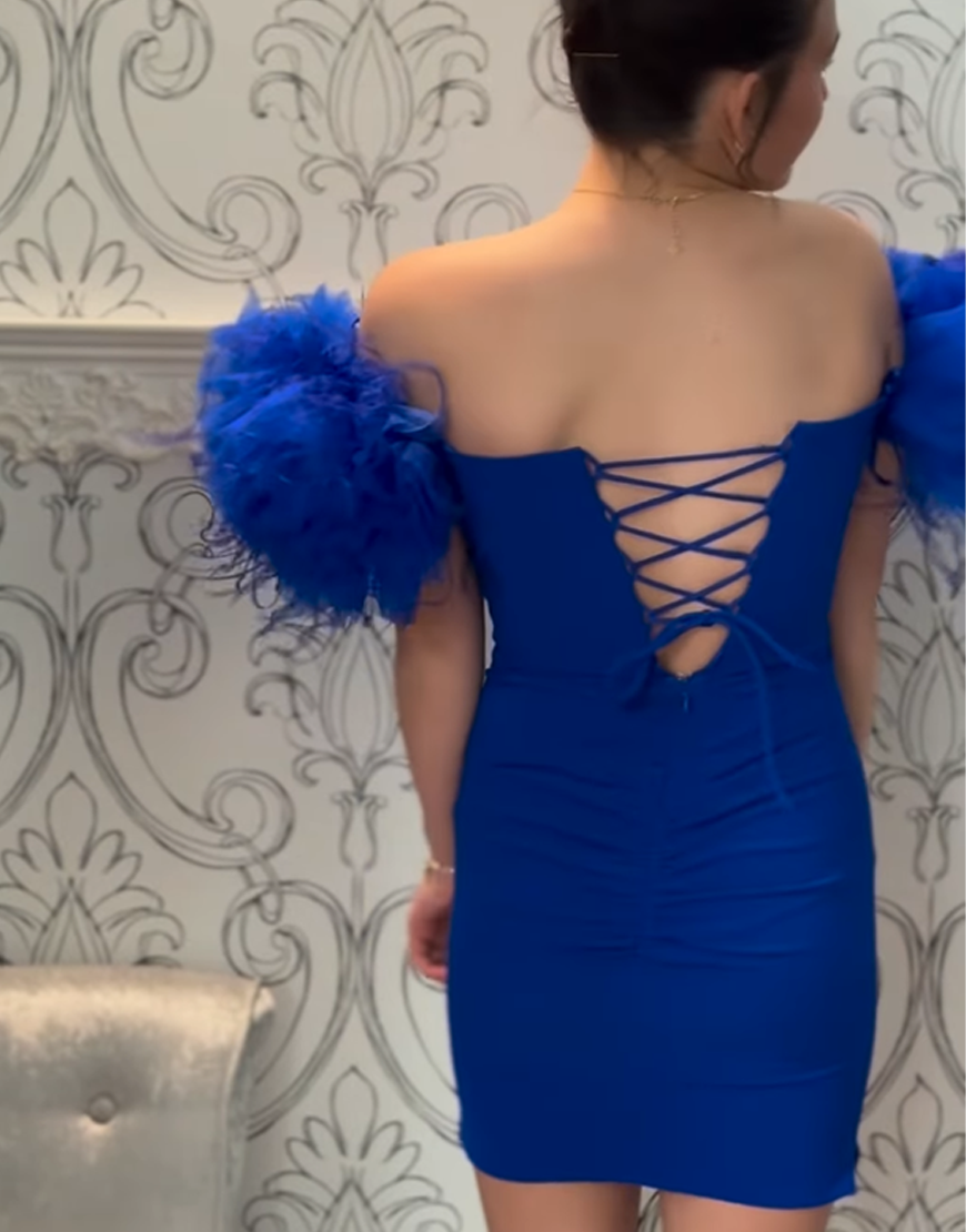 Royal Blue Tight Off the Shoulder Short Homecoming Dress with Feathers