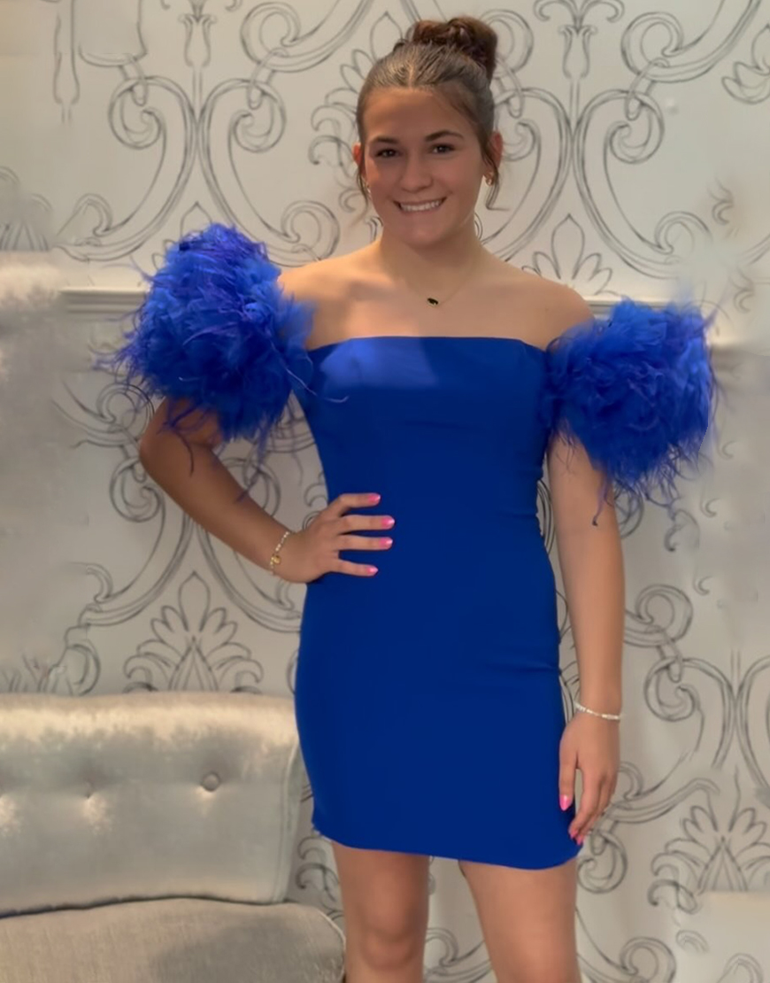 Royal Blue Tight Off the Shoulder Short Homecoming Dress with Feathers