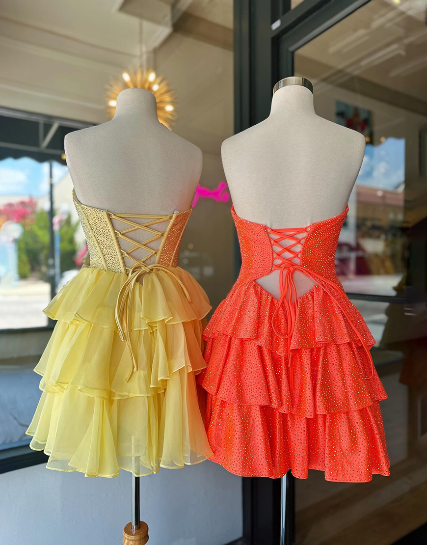 Yellow Chiffon A Line Short Corset Homecoming Dress with Ruffles